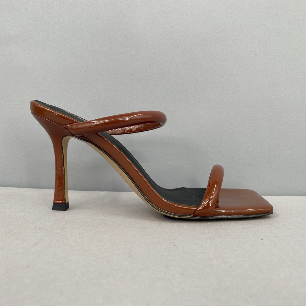 Alias Mae Lee Mules Women 38 Cognac Tan New Imperfect Square Toe Patent Stiletto